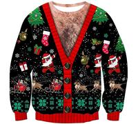 Loveternal Herren Damen Ugly Christmas Pullover Sweatshirts 3D Fake Two Piece Chest Hair Print Xmas Alpaca Long Sleeve Crew Neck Sweater Funny Tops Jumpers S
