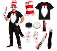 LOVETRENDS Adult Killer Cat Halloween Costume 8-Piece Horror Set | horror cat costume set, T-shirt, striped hat, face paint, fake blood, knife prop, gloves included