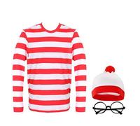 LOVETRENDS Adults Find Me Costume - Large - Long-Sleeved Red and White Striped T-Shirt, White & Red Bobble Hat, Round Glasses - Adults World Book Day Book W ancy Dress Costume