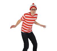 LOVETRENDS Adults Find Me Costume - XX-Large - Short-Sleeved Red and White Striped T-Shirt, White & Red Bobble Hat, Round Glasses - Adults World Book Day Book Week Fancy Dress Costume