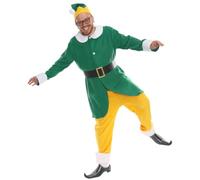 LOVETRENDS Adults Friendly Christmas Elf Costume - Green & White Tunic, Yellow Trousers and Green & Yellow Hat - Adults Festive Xmas Movie Fancy Dress Costume