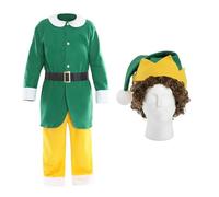LOVETRENDS Adults Friendly Christmas Elf Costume - Small/Medium - Green & White Tunic, Yellow Trousers, Green & Yellow Hat, Curly Wig - Adults Festive Xmas Movie Fancy Dress Costume
