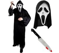 LOVETRENDS Adults Ghost Face Killer Halloween Costume - Black Hooded Robe, Screaming Ghost Mask & 12" Bloody Knife Prop - Scary TV Film Fancy Dress Outfit for Men - Horror Movie Cosplay - Small