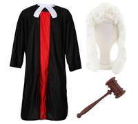LOVETRENDS Adults Judge Costume - Black Robe with Red Panel, White Collar, Curly Judge Wig & Gavel Prop - Funny Mens Womens Unisex Legal Courtroom Fancy Dress Costume