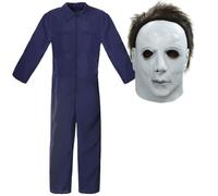 LOVETRENDS Adults Michael Myers Costume - Blue Overalls Navy Jumpsuit and Creepy Over-the-Head Latex Mask with Hair - Adults Halloween TV Film Horror Icon Fancy Dress Costume