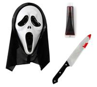 LOVETRENDS Adults Screamer Mask, Bloody Knife & Fake Blood Set - Ghost Face Horror Accessories for Halloween & Fancy Dress