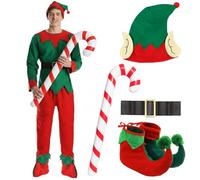 LOVETRENDS Adults Unisex Elf Costume - Green Top, Red Trousers, Belt, Inflatable Candy Cane, Elf Hat with Ears & Deluxe Pom Pom Shoes - Cheeky Christmas Fancy Dress Outfit