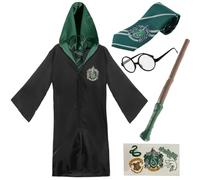 LOVETRENDS Adults Wizard Costume Set - Wizard Robe, Wizard Wand, Glasses, Striped Green Necktie & Temporary Tattoos - Unisex Fancy Dress Outfit for World Book Day Halloween & Role Play (Small)