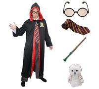 LOVETRENDS Adults Wizard Costume - X-Large - Black Robe with Magical School Logo, Striped Tie, Round Glasses, Branch Wand, Plush Owl Toy - Adults World Book Day Book Week Fancy Dress Costume