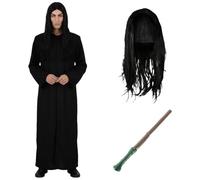 LOVETRENDS Adults Wizard Professor Costume + Wand - XLarge - Long Black Duster Jacket, Long Black Wig and Wand - Mens Magic School Teacher World Book Day Book Week Halloween Fancy Dress Costume