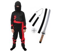 LOVETRENDS Child’s Ninja Costume Set - Includes Black Top, Trousers, Hood, Plastic Katana Sword, Ninja Accessory & Throwing Star - Kids Halloween & Fancy Dress Outfit - X-Large