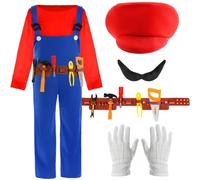 LOVETRENDS Child Super Workman Plumber Costume with Red Hat, Dungarees, Tash, Gloves and Play Tools & Belt - Fun Character Fancy Dress Outfit for Parties and Events