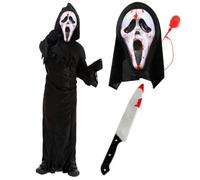 LOVETRENDS Childs Ghost Halloween Costume - Black Jagged Robe with Hood, Screamer Mask with Blood Pump, Fake Knife Prop - Kids Boys Scary TV Film Trick or Treat Fancy Dress Costume