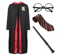LOVETRENDS Childs Wizard Costume - Large - Black Robe with Magical School Logo, Maroon & Gold Striped Tie, Round Glasses and Branch Wand - Kids World Book Day Book Week Fancy Dress Costume