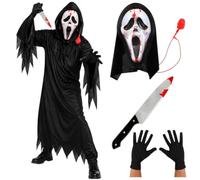 LOVETRENDS Deluxe Screamer Costume Set - Blood Pump Ghost Face Mask, Black Hooded Robe, Black Gloves & Bloody Scream Knife - Halloween Horror Fancy Dress Outfit for Adults