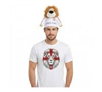 LOVETRENDS England Lion T Shirt and Plush Lion Hat Combo - XXL - White Vector Three Lions Graphic Tee with St George Cross Lion Hat - Adult Unisex 2-Piece Streetwear Set