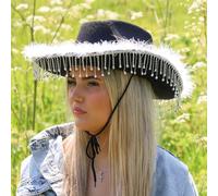 LOVETRENDS Fashion Black Diamanté & Marabou Cowboy Hats - Pack of 1 - Black Cowboy Hat with Silver Rhinestone Fringe and White Feather Trim - Adults Fashion Music Festival Fancy Dress Accessory