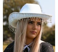 LOVETRENDS Fashion White Diamanté Cowboy Hats - Pack of 1 - White Cowboy Hat with Silver Rhinestone Fringe - Adults Fashion Music Festival Fancy Dress Accessory