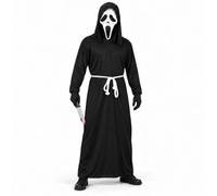 LOVETRENDS Ghost Killer Costume for Adults - Black Hooded Robe, Screaming Ghost Mask & 12" Bloody Knife Prop - Scary TV Film Fancy Dress Outfit for Men - Horror Movie Cosplay Halloween