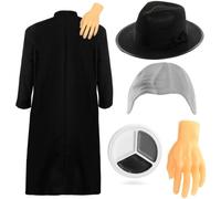 LOVETRENDS Gothic Uncle Halloween Costume for Adults - Includes Black Duster Jacket, Hand Prop, Bald Cap, Face Paint & Black Trilby Hat, Spooky Horror Family Fancy Dress Outfit