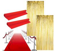 LOVETRENDS Hollywood Party Decoration Set - 2x Red Carpet Runners, 2x Gold Foil Curtains - Red Carpet Events Oscar Parties Movie Premiere Celebrations Party Décor