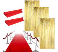 LOVETRENDS Hollywood Party Decoration Set - 2x Red Carpet Runners, 3x Gold Foil Curtains - Red Carpet Events Oscar Parties Movie Premiere Celebrations Party Décor