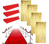 LOVETRENDS Hollywood Party Decoration Set - 3x Red Carpet Runners, 4x Gold Foil Curtains - Red Carpet Events Oscar Parties Movie Premiere Celebrations Party Décor