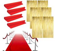 LOVETRENDS Hollywood Party Decoration Set - 4x Red Carpet Runners, 6x Gold Foil Curtains - Red Carpet Events Oscar Parties Movie Premiere Celebrations Party Décor