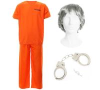 LOVETRENDS Jeffery Island Prisoner Costume Set - Orange Inmate Outfit Accessories Featuring Realistic Handcuffs and Grey Wig for Island Prisoner Halloween, Cosplay, Costume Parties, and Themed Events