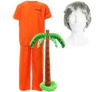 LOVETRENDS Jeffery Island Prisoner Costume Set - Orange Inmate Outfit with 3FT Inflatable Palm Tree and Grey Wig for Island Prisoner Halloween, Cosplay, Costume Parties, and Themed Events