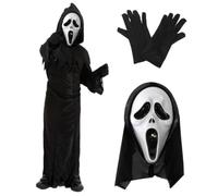 LOVETRENDS Kids Ghost Killer Costume - Black Hooded Robe with Screaming Face Mask & Black Gloves - Childrens Halloween Horror TV & Film Fancy Dress Outfit