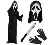 LOVETRENDS Kids Screamer Costume - Black Hooded Robe with Face Mask, Black Gloves & Plastic Knife - Childs Halloween Ghost TV Film Fancy Dress Costume