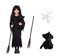 LOVETRENDS Kids Witch Girl Costume - Large - Black Dress, Long Wig, White Lace Bow, 3pc Broomstick, Plush Black Cat - Girls School Book Week World Book Day Fancy Dress Costume
