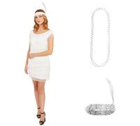LOVETRENDS Ladies Deluxe White Flapper Costume - Vintage 1920s Fancy Dress Costume with Matching Headband - Women's 20s Dress Up