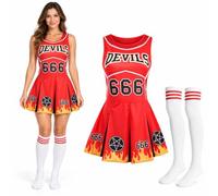 LOVETRENDS Ladies Devil Cheerleader Halloween Costume Dress & Socks Set Red | pleated red dress, fiery flame design, easy pull-on fit, striped knee socks included, sizes S to XXL