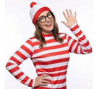 LOVETRENDS Ladies Find Me Costume - Medium - Red & White Long-Sleeved T-Shirt, Matching Bobble Hat and Black Round Glasses - Women Teachers School Book Week World Book Day Fancy Dress Costume