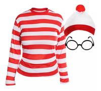 LOVETRENDS Ladies Find Me Costume - X-Large - Red & White Long-Sleeved T-Shirt, White & Red Bobble Hat and Round Glasses - Women Teachers World Book Day Fancy Dress Costume