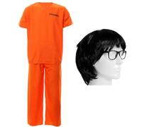 LOVETRENDS Ladies Island Prisoner Costume Set - Orange Inmate Outfit with Clear Lens Glasses and Short Black Wig for Orange Prisoner Halloween, Cosplay, Costume Parties, and Themed Events