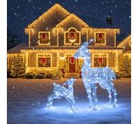 LOVETRENDS Light Up Christmas Reindeer & Fawn Decorations - 90CM & 40CM - 230 Warm/Cool White LED Lights - Outdoor Xmas Deer Figure with Timer, Mains Powered Festive Yard & Home Garden Display