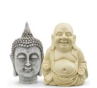 LOVETRENDS Peace & Happiness Buddha Duo - Meditating Buddha Head & Laughing Buddha Statue Set - Zen Home Decor for Calm, Prosperity & Positive Energy - Indoor Ornament Gift