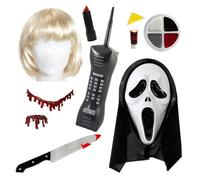 LOVETRENDS Serial Killer & Casey Costume Set - Screamer Mask, Knife, Wig, Phone, Blood Props, Makeup & Lipstick - Perfect for Halloween & Fancy Dress