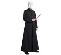 LOVETRENDS White Wizard Villain Costume for Adults - Long Black Duster Jacket, Magic Wand, White Face Paint & Bald Cap - Evil Sorcerer Fancy Dress Outfit for Halloween, Parties & Cosplay
