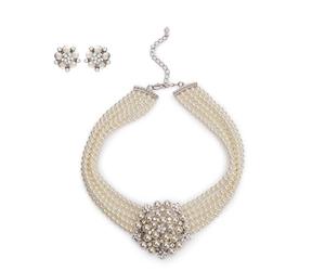 Lovett & Co - Audrey Hepburn Cream Pearl Choker Necklace & Stud Earrings Set with Glass Pearls Inspired by Breakfast at Tiffany's - Vintage Diamante jewellery for Women