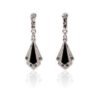 Lovett & Co - Black Long Drop Clip On Earrings Women - 1920s Art Deco Earrings Hand Painted with Enamel - Nickel Free Crystal Drop Earrings & Vintage Jewellery Gifts for Women