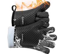 Loveuing Kitchen Oven Gloves - Dual-Layer Heat Resistant Grilling Gloves, Silicone Oven Mitts with 5 Fingers, Waterproof Non-Slip Pot Holder for Barbecue, Cooking, Baking (XL-XXXL, Black)