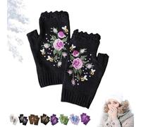 LOVEWLVNCL Hand Embroidered Gloves, Women Knitted Gloves Flower Gloves, Warm Patchwork Embroidered Hand Fingerless Gloves (Color : Black, Size : One Size)