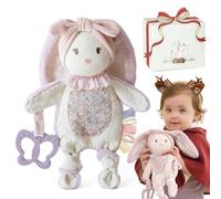 Lovey Bunny Security Blanket with Textured Ribbons, Crinkle Toys, Soft Minky Velour & Natural Cotton, Newborn Girl Gift for Baby Shower or Birthday