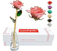 LovFaith Valentine Gift Real Rose Dipped 24K Gold with Crystal Stand, Best Anniversary Rose Gift for Her Wife Mother Birthday Christmas (C41. Pink -Thick Gold Blooming)