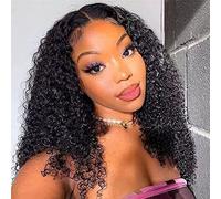 LOVFIR Curly Human Hair Wigs for Women Lace Front 4x4 Transparent Pre Plucked Middle Part frontal 150% Density Natural Black Color 16 inch, 1.0 count