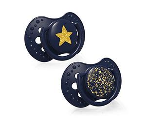 LOVI Soother 0-3 Months, Baby Dummies with Silicone Teat, Dynamic Tip, Stardust Collection, 2 Pieces, Blue